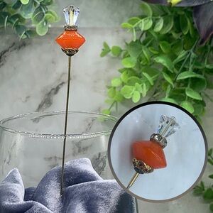 Orange Color Glass & Clear Glass Faceted Crystal • 6” Hatpin